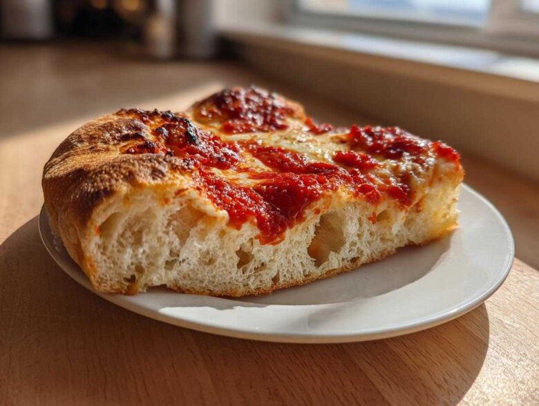 A thick slice of homemade pizza showing an airy, bubbly crust topped with bright red sauce and melted cheese, illustrating Secrets to Perfect Pizza at Home.