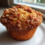 Close-up of a golden brown Pineapple Muffin With Crumb Topping sitting on a small white plate.
