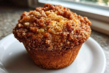 Close-up of a golden brown Pineapple Muffin With Crumb Topping sitting on a small white plate.