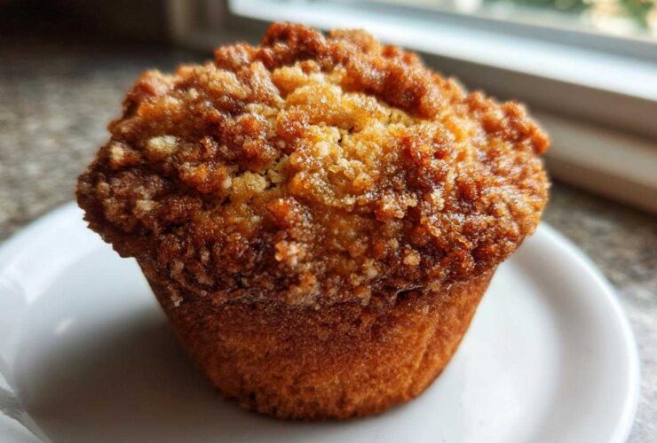 Close-up of a golden brown Pineapple Muffin With Crumb Topping sitting on a small white plate.
