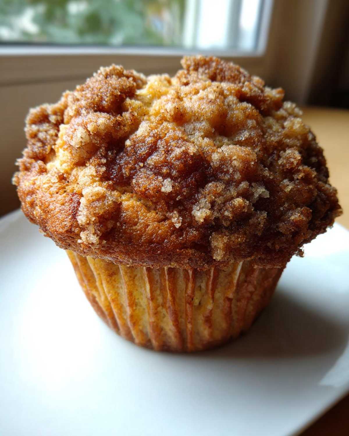 A single, freshly baked Pineapple Muffins With Crumb Topping sitting on a white plate.