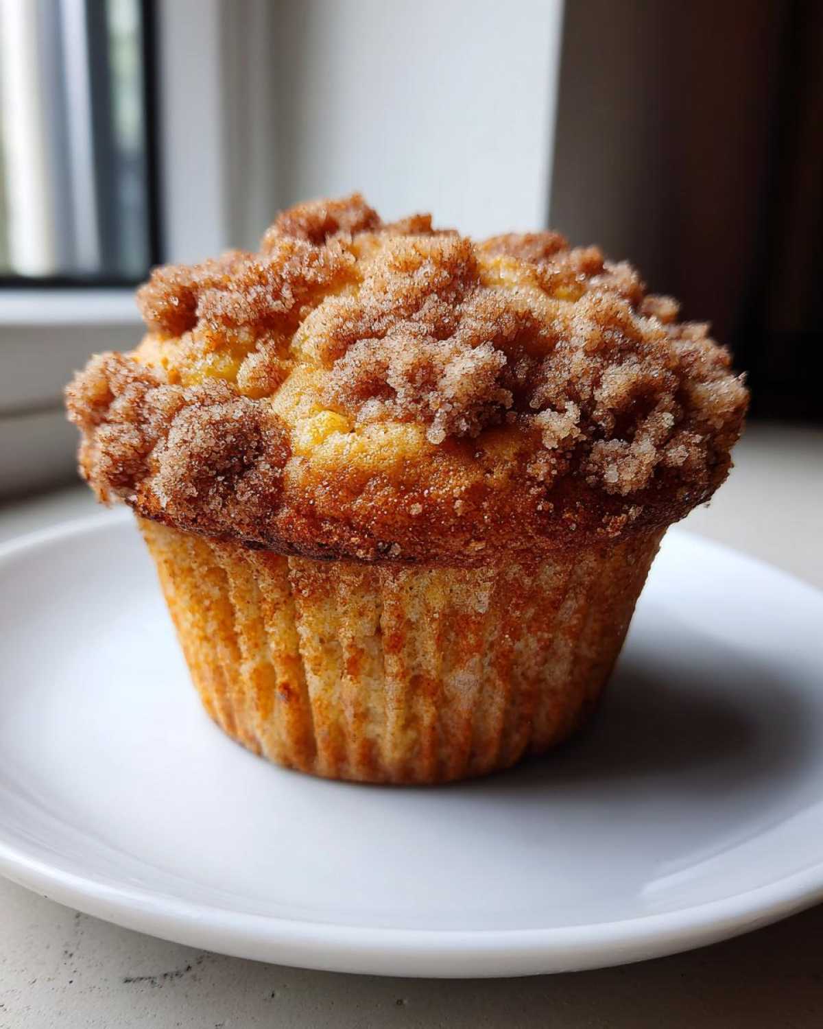 A single, golden Pineapple Muffins With Crumb Topping sitting on a white plate, featuring a thick, sugary streusel topping.