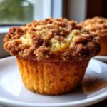 A close-up of a golden-brown Pineapple Muffins With Crumb Topping sitting on a white plate.