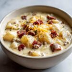 Close-up of a hearty bowl of Pioneer Woman Sausage Potato Chowder topped with cheese and sausage pieces.