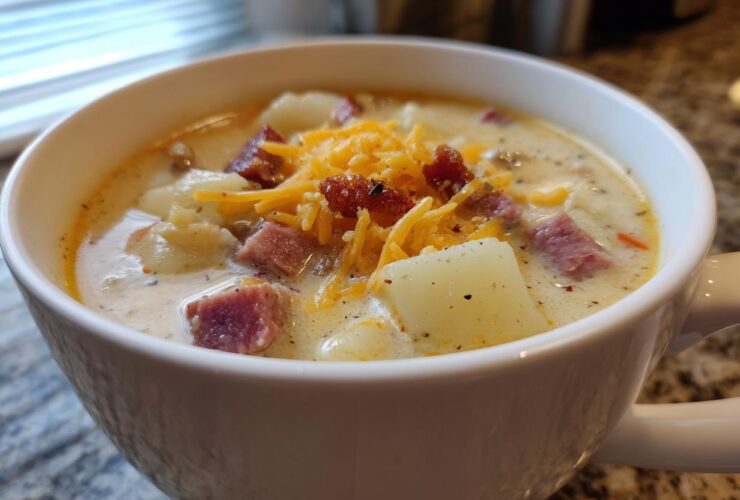 Close-up of a creamy Pioneer Woman Sausage Potato Chowder topped with shredded cheddar cheese and bacon bits in a white mug.