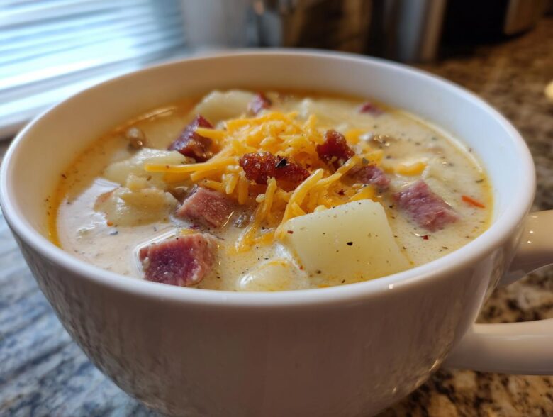 Close-up of a creamy Pioneer Woman Sausage Potato Chowder topped with shredded cheddar cheese and bacon bits in a white mug.
