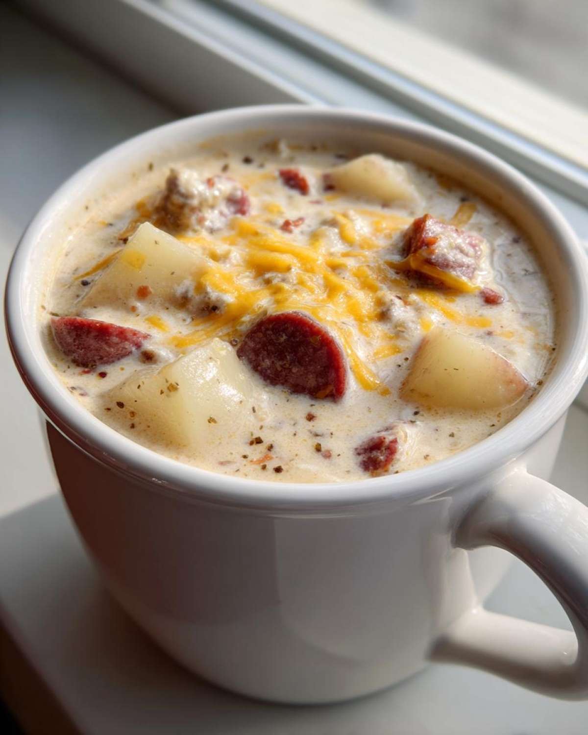 Close-up of a white mug filled with creamy Pioneer Woman Sausage Potato Chowder, topped with cheese and sausage slices.