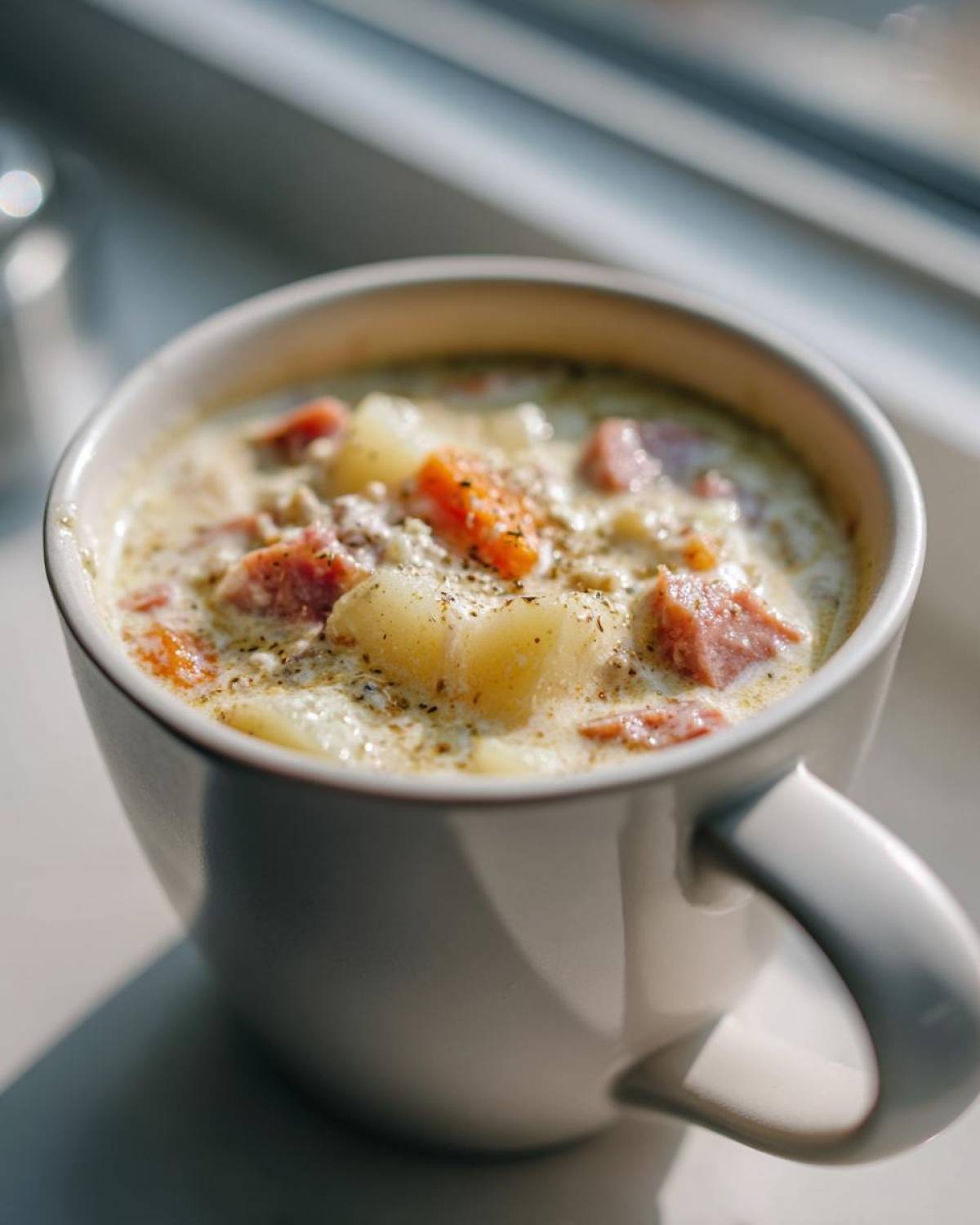 Close-up of a creamy Pioneer Woman Sausage Potato Chowder served in a light gray mug, seasoned with pepper.