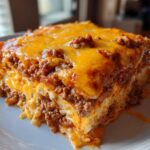 A close-up serving of rich Pioneer Woman Taco Casserole, layered with seasoned ground beef and melted cheddar cheese.