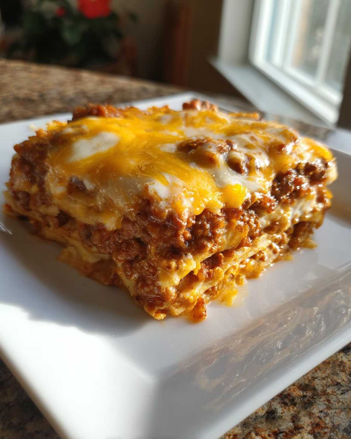 A close-up of a square serving of Pioneer Woman Taco Casserole layered with meat sauce and topped with melted cheddar and white cheese.