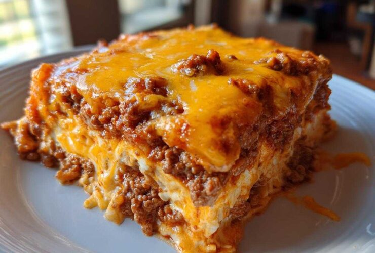 A close-up serving of rich Pioneer Woman Taco Casserole, layered with seasoned ground beef and melted cheddar cheese.