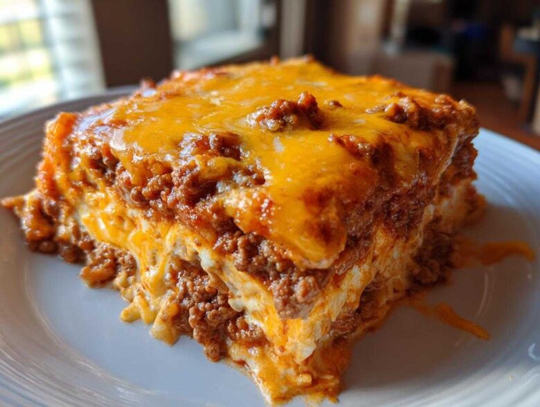 A close-up serving of rich Pioneer Woman Taco Casserole, layered with seasoned ground beef and melted cheddar cheese.