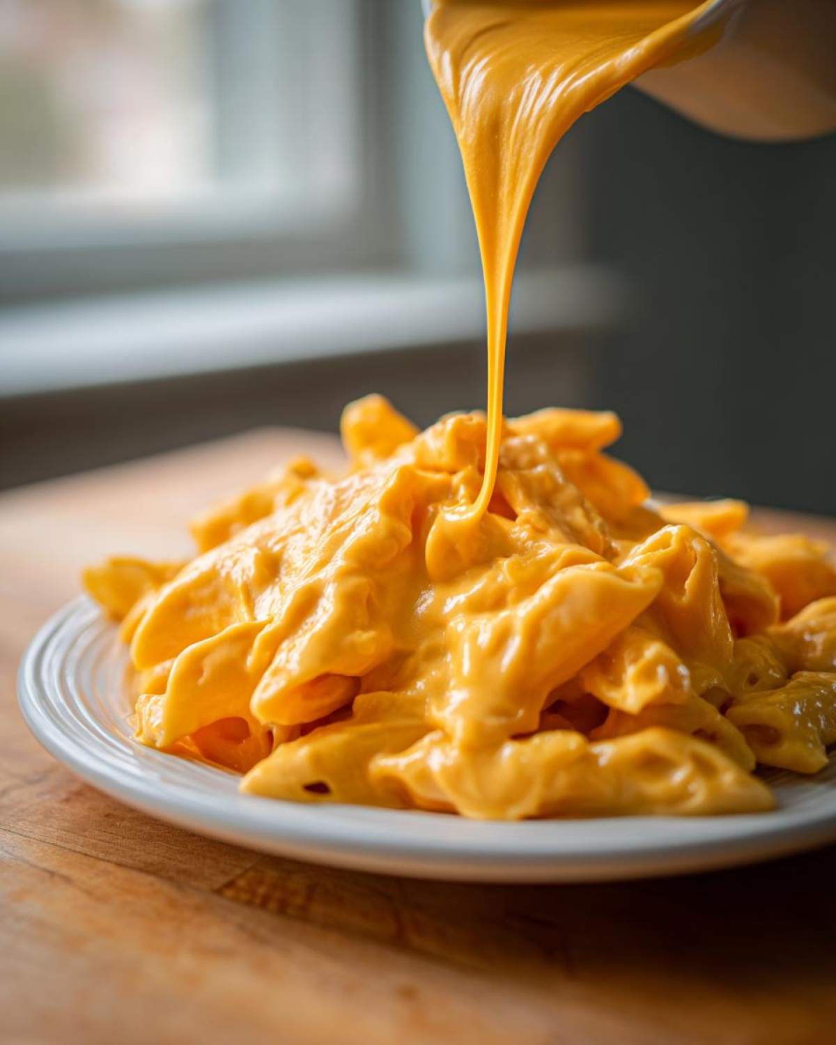 Thick, bright orange Vegan Creamy Sweet Potato Mac Sauce being poured over a plate of cooked pasta.