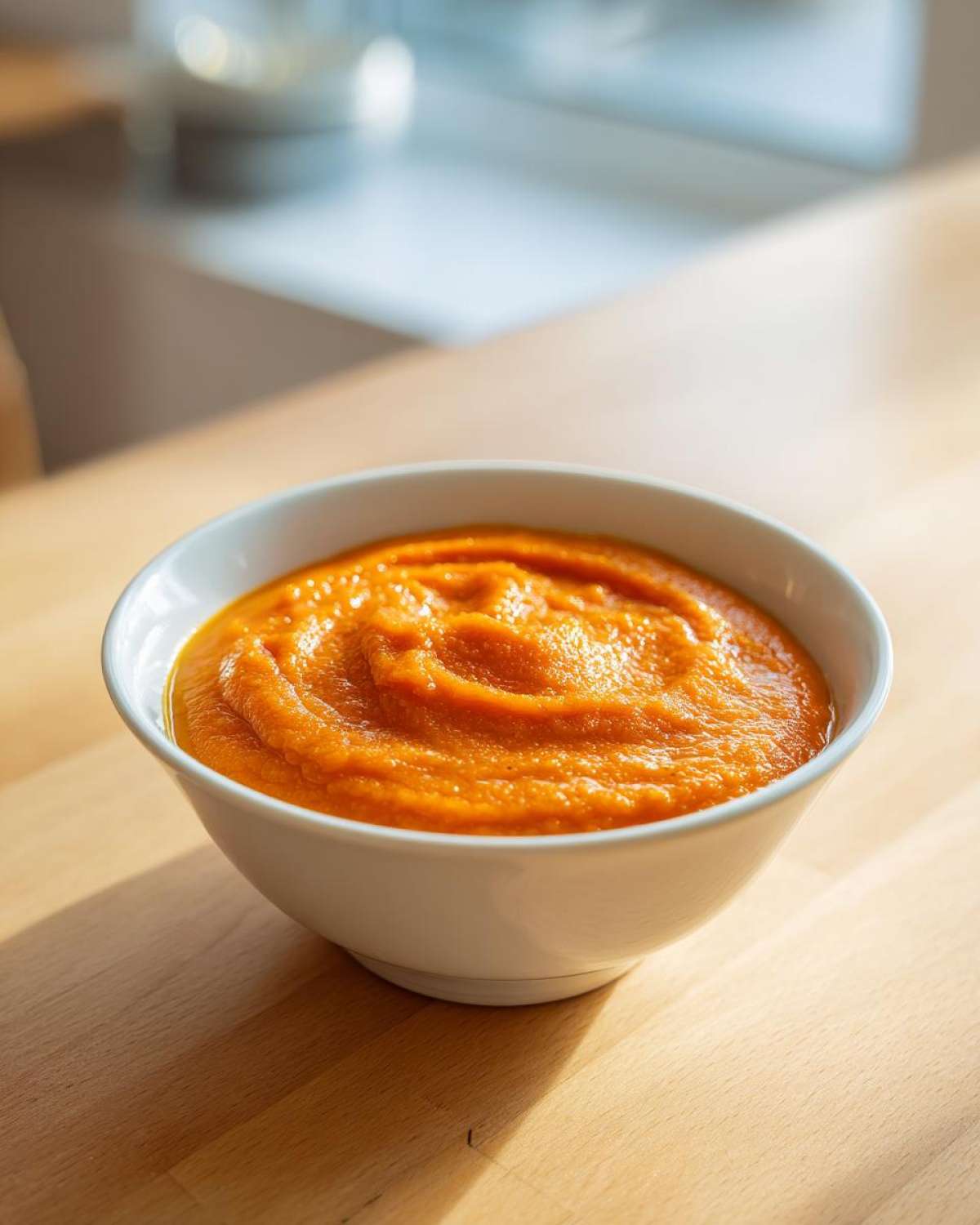 A close-up of vibrant orange Roasted Butternut Squash Soup served in a white bowl on a wooden surface.