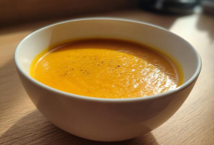 A close-up of a white bowl filled with vibrant orange Roasted Butternut Squash Soup, lightly seasoned with pepper.