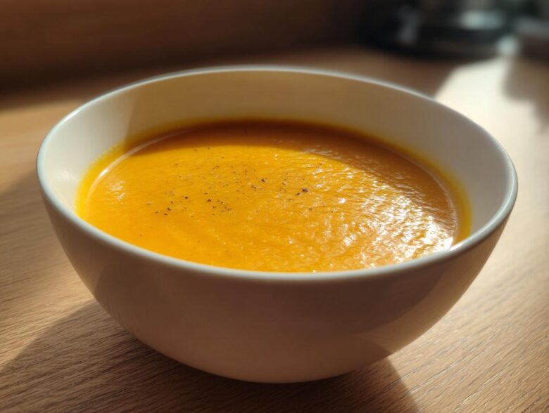 A close-up of a white bowl filled with vibrant orange Roasted Butternut Squash Soup, lightly seasoned with pepper.