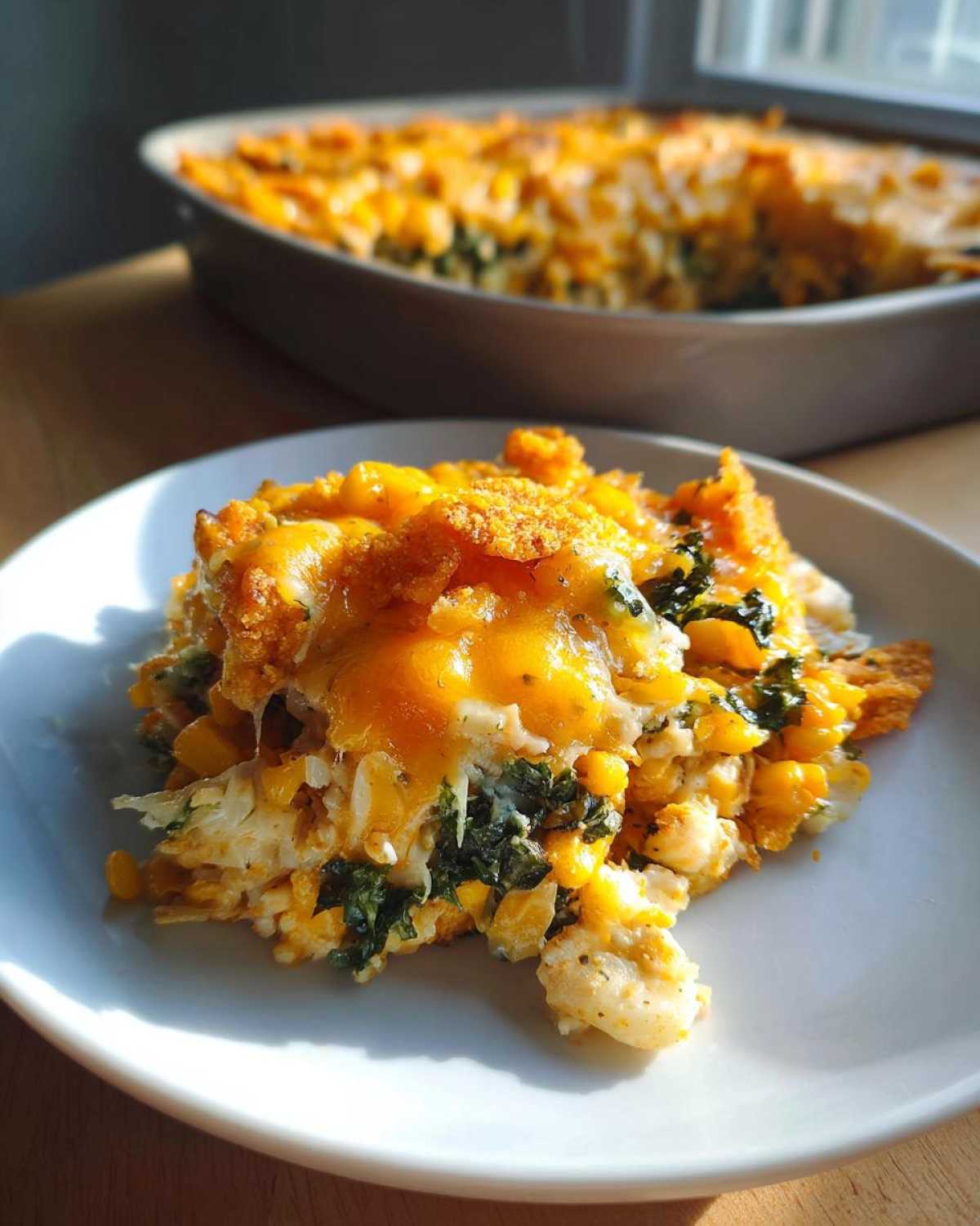 A close-up serving of cheesy Frito Cowboy Cabbage on a white plate, with the main dish visible in the background.