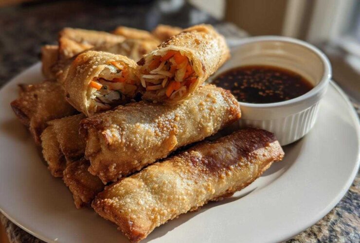 A plate of golden brown Sesame Veggie Spring Rolls, one cut open showing shredded vegetables inside, served with a side of dark dipping sauce.