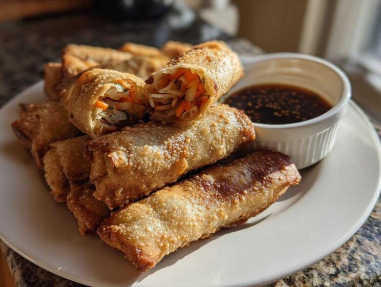 A plate of golden brown Sesame Veggie Spring Rolls, one cut open showing shredded vegetables inside, served with a side of dark dipping sauce.