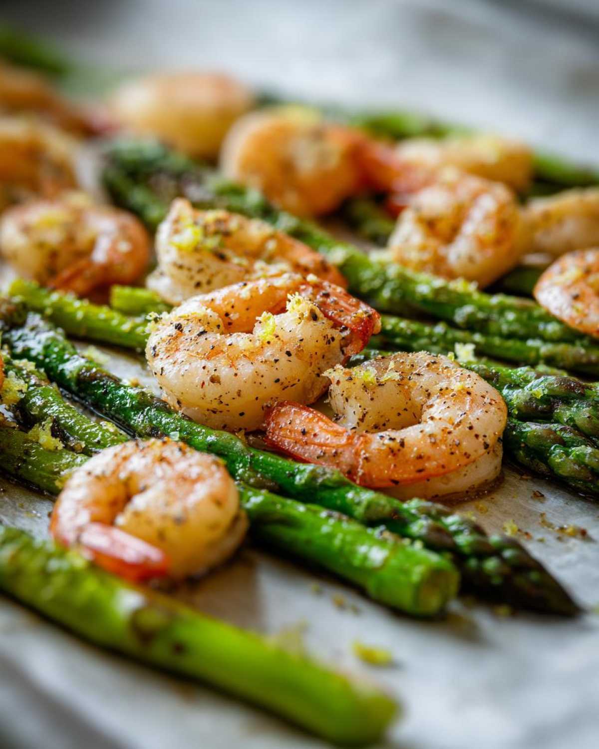 Close-up of Sheet Pan Crispy Garlic Butter Shrimp and Asparagus seasoned with pepper and lemon zest.