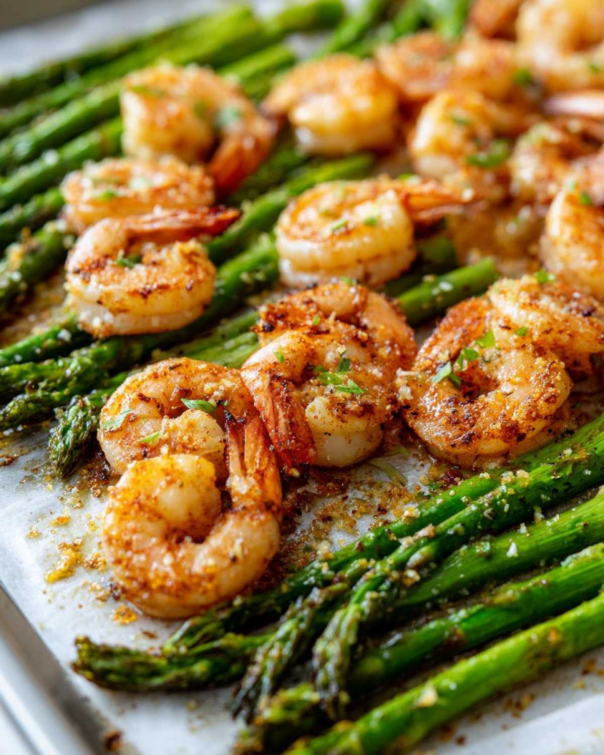 Close-up of Sheet Pan Crispy Garlic Butter Shrimp and Asparagus seasoned with herbs on parchment paper.