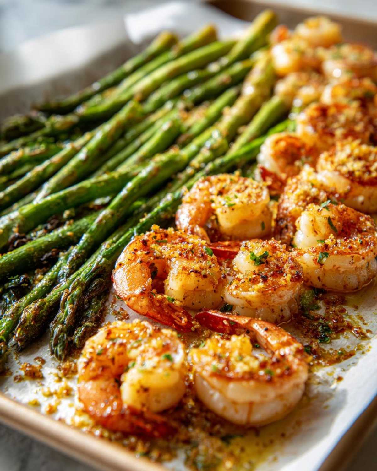 Close-up of Sheet Pan Crispy Garlic Butter Shrimp and Asparagus glistening with butter sauce on a baking sheet.