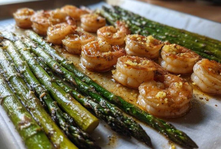 Close-up of Sheet Pan Crispy Garlic Butter Shrimp and Asparagus cooked together on parchment paper.