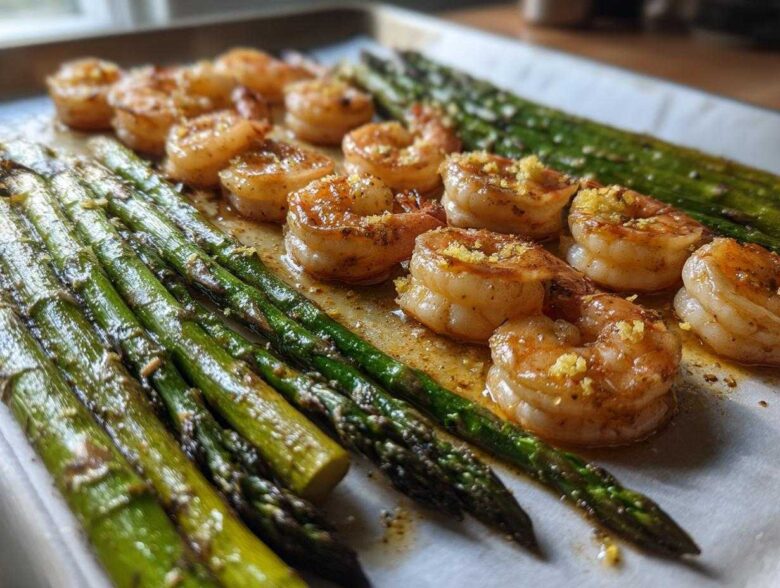 Close-up of Sheet Pan Crispy Garlic Butter Shrimp and Asparagus cooked together on parchment paper.