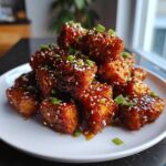 A close-up of crispy honey garlic tofu nuggets coated in a sticky glaze, topped with sesame seeds and green onions.