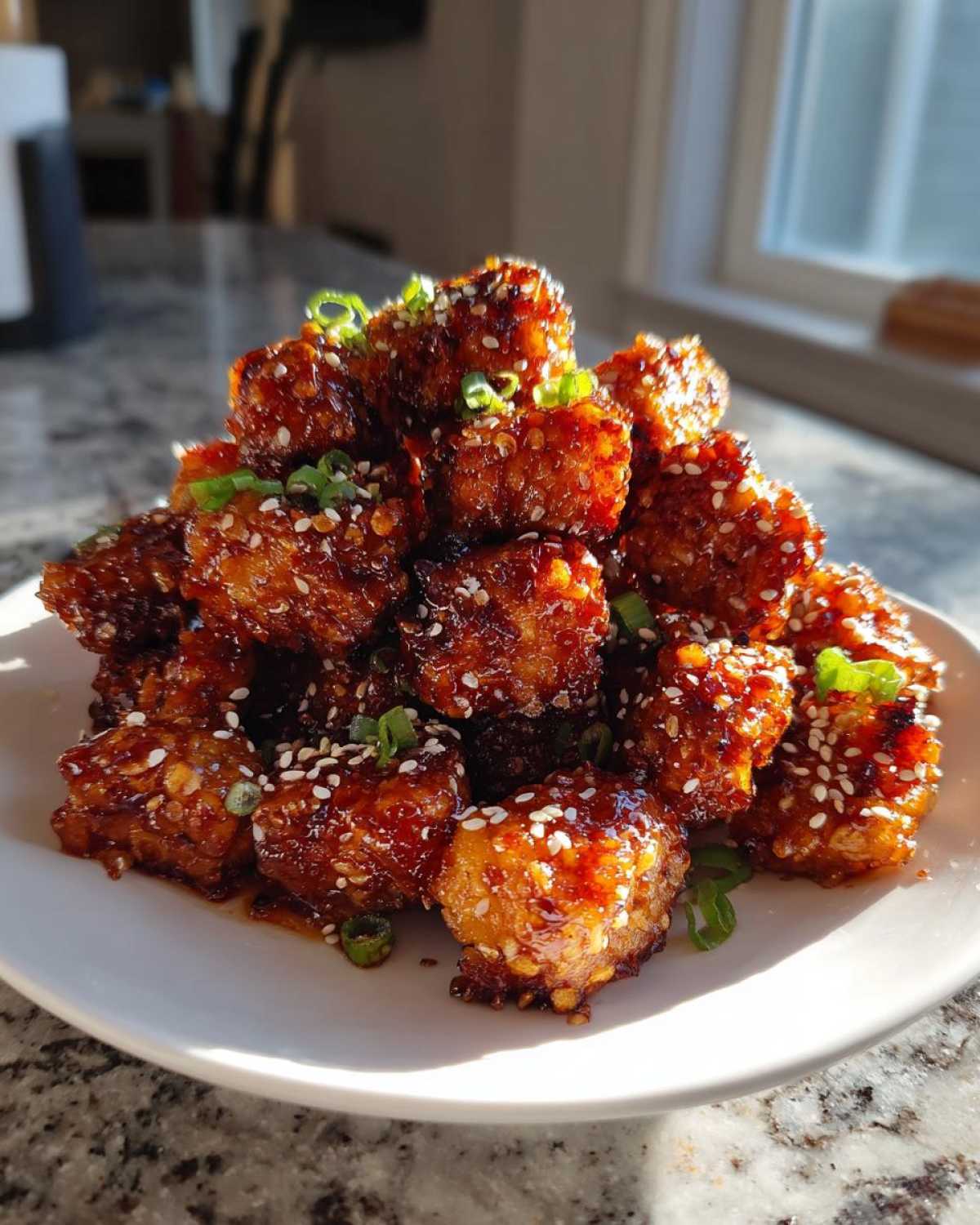 A mound of crispy Sheet Pan Crispy Honey Garlic Tofu Nuggets coated in a glossy sauce, sprinkled with sesame seeds and green onions.