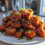 A mound of glossy, glazed Sheet Pan Crispy Honey Garlic Tofu Nuggets topped with white sesame seeds and chopped green onions.