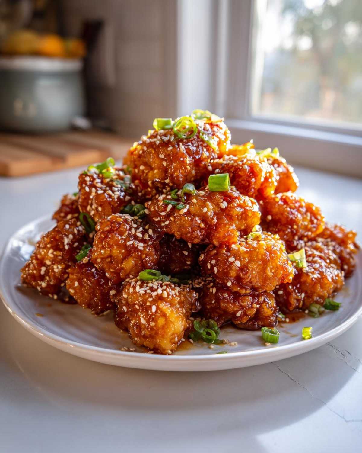 A mound of crispy Sheet Pan Crispy Honey Garlic Tofu Nuggets coated in glaze and topped with sesame seeds and green onions.