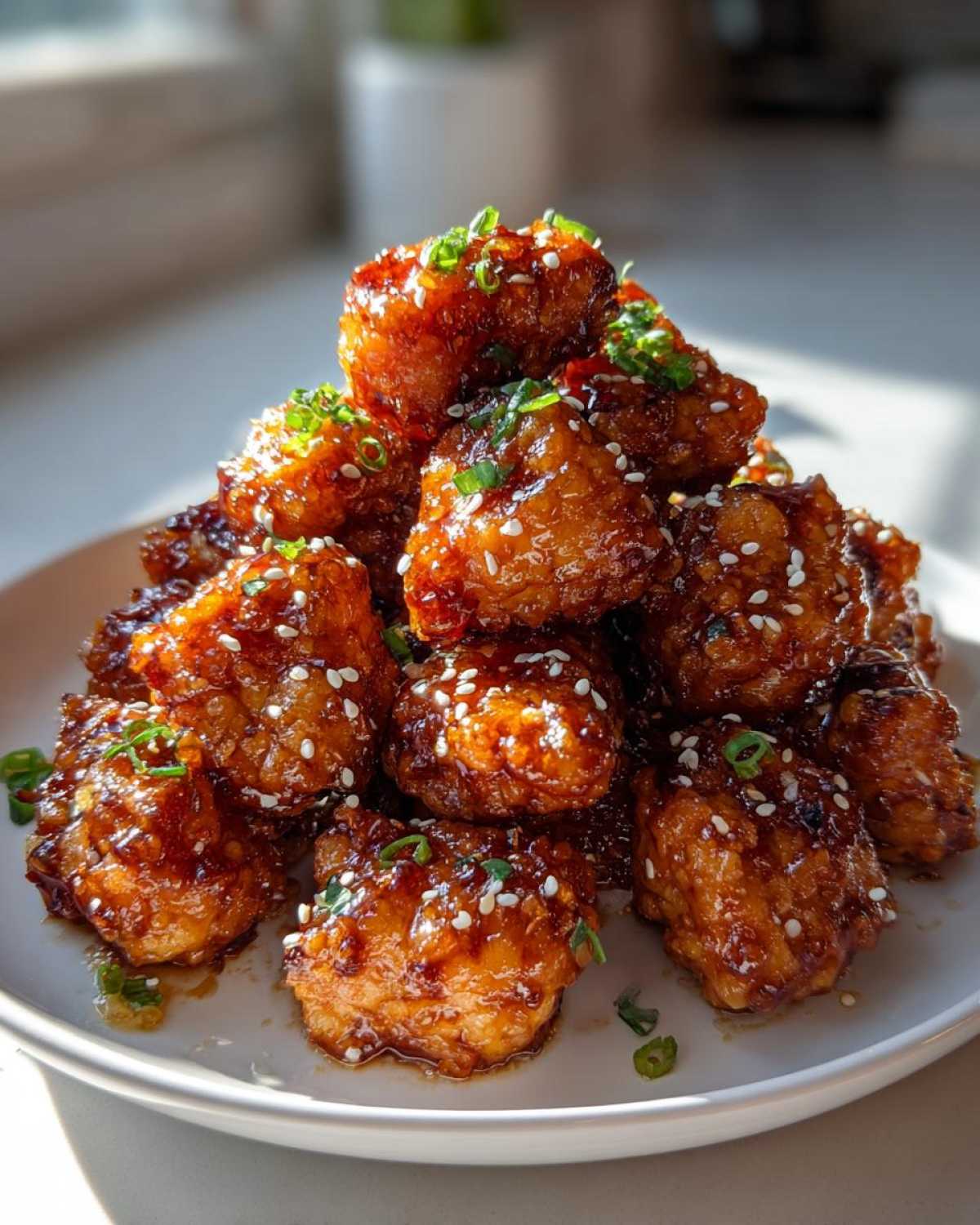 A mound of glossy, glazed Sheet Pan Crispy Honey Garlic Tofu Nuggets topped with sesame seeds and chopped green onions.