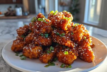 A mound of glossy, glazed Sheet Pan Crispy Honey Garlic Tofu Nuggets topped with white sesame seeds and chopped green onions.