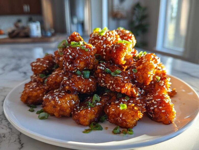 A mound of glossy, glazed Sheet Pan Crispy Honey Garlic Tofu Nuggets topped with white sesame seeds and chopped green onions.