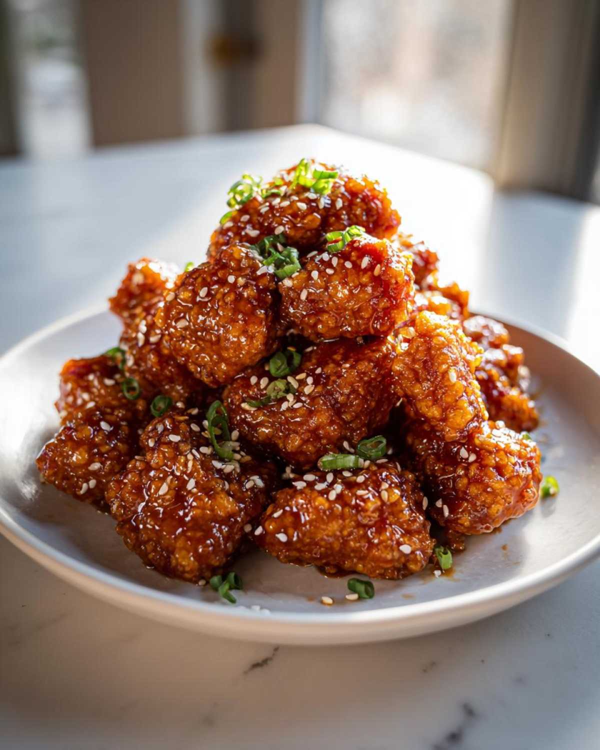 A tempting pile of Sheet Pan Crispy Honey Garlic Tofu Nuggets coated in a glossy sauce and topped with sesame seeds and green onions.