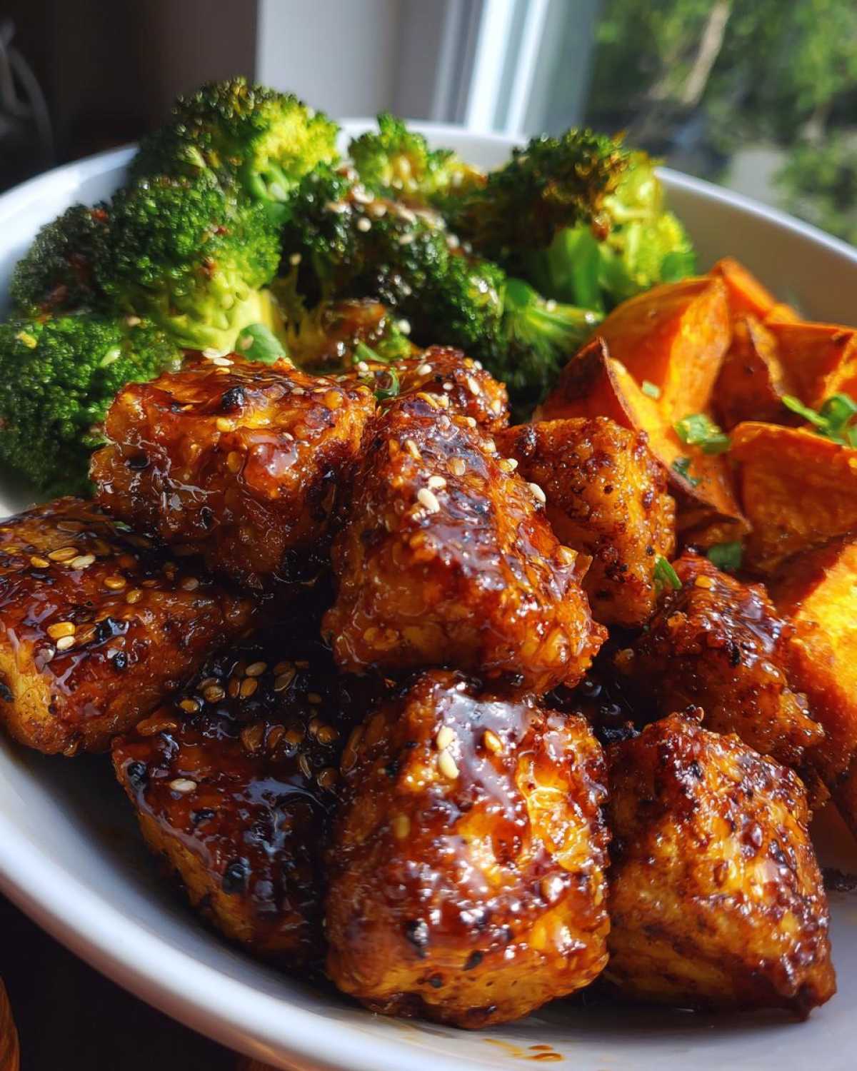 Close-up of Sheet Pan Crispy Honey Mustard Tofu glazed with sauce and sesame seeds, served with roasted broccoli and sweet potato wedges.