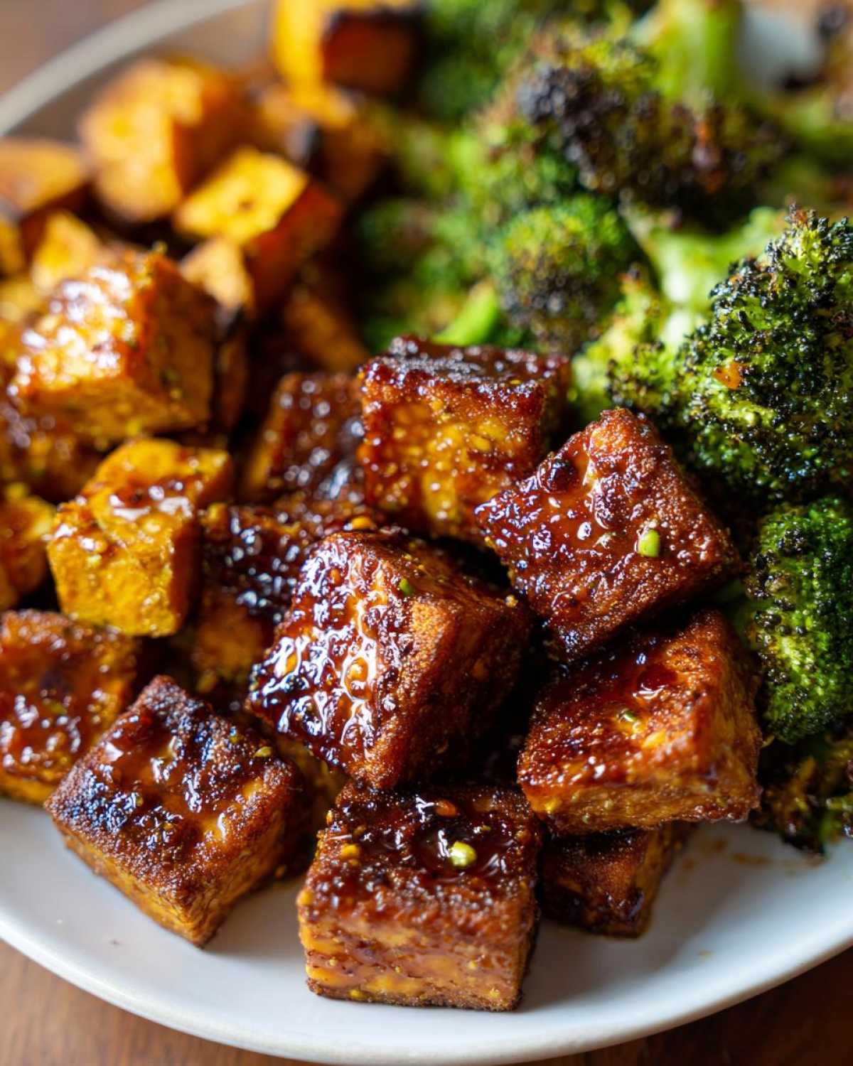 Close-up of crispy, glazed cubes of Sheet Pan Crispy Honey Mustard Tofu served alongside roasted broccoli and sweet potatoes.