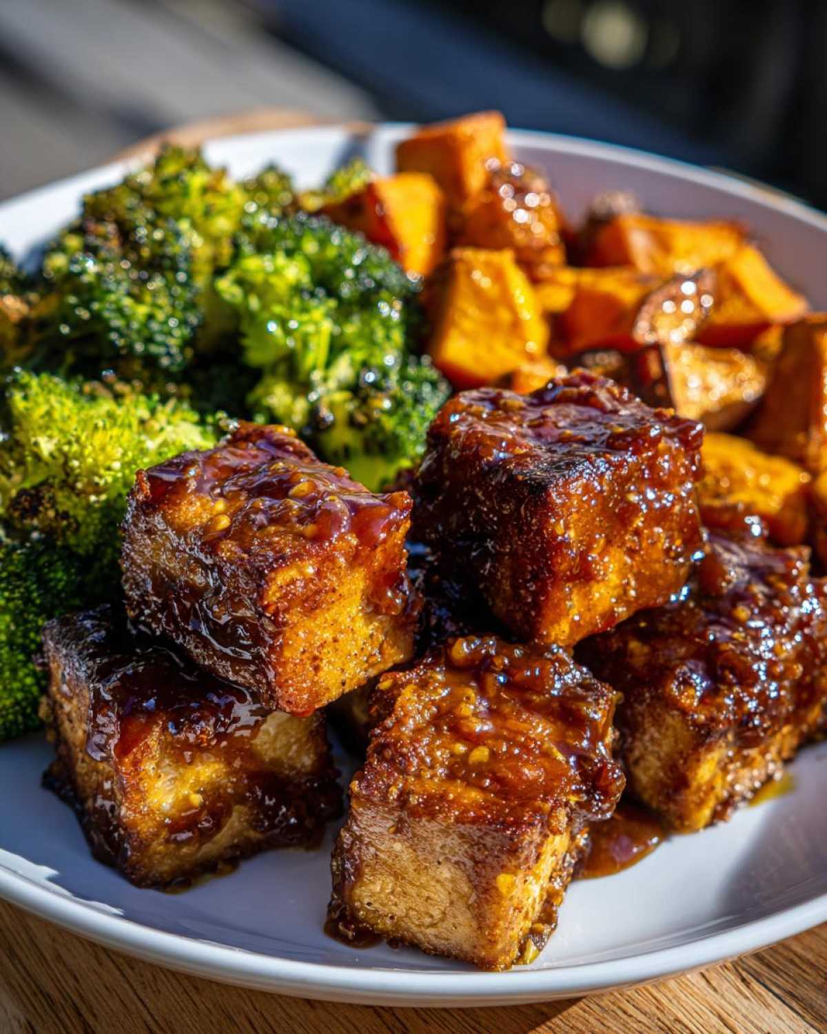 Close-up of crispy Sheet Pan Crispy Honey Mustard Tofu cubes coated in glaze, served with roasted broccoli and sweet potatoes.