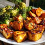 Close-up of crispy Sheet Pan Crispy Honey Mustard Tofu cubes served with roasted broccoli and sweet potatoes.
