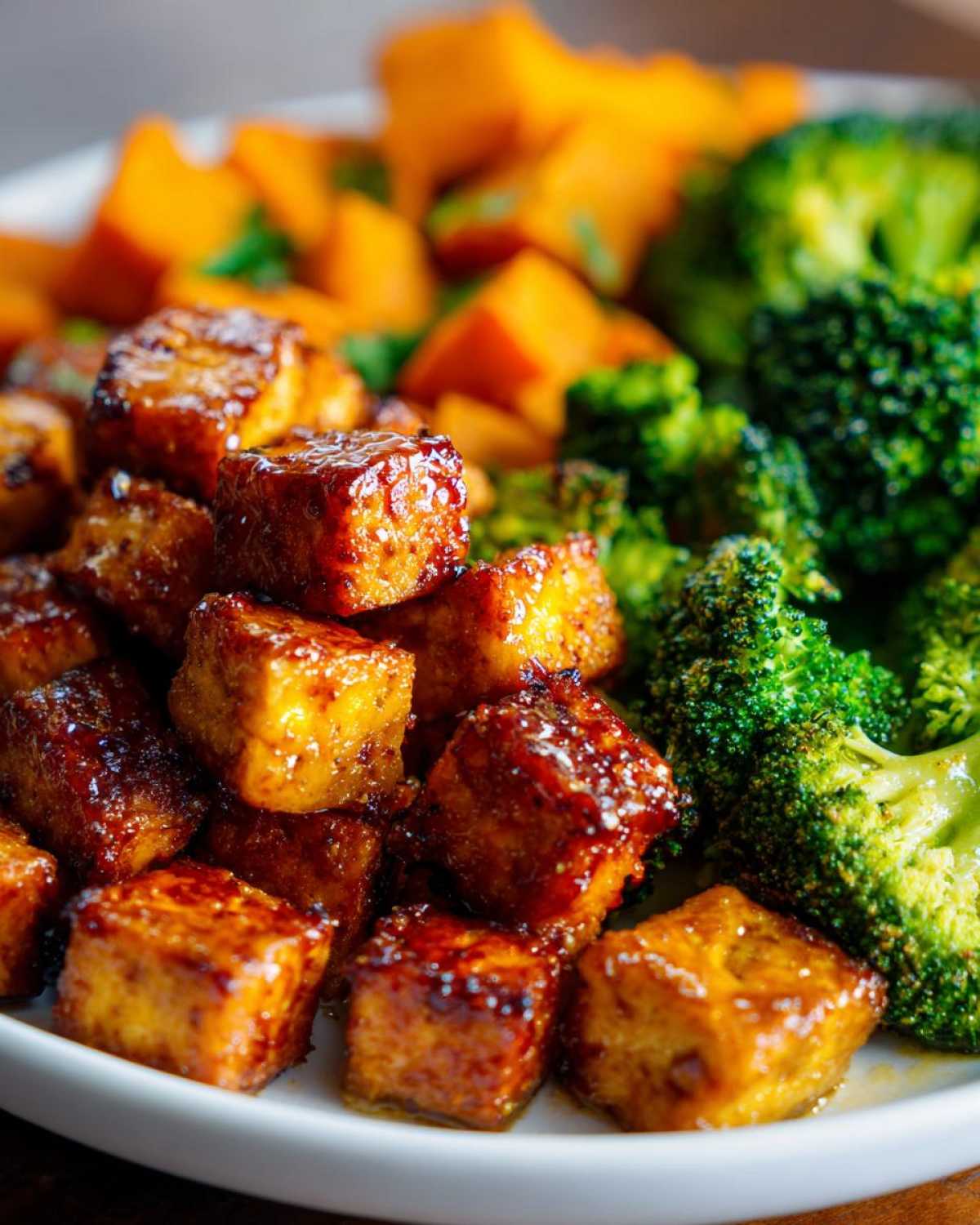 Close-up of crispy Sheet Pan Crispy Honey Mustard Tofu cubes served alongside bright green broccoli and orange sweet potatoes.