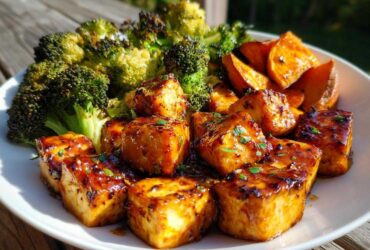 Close-up of crispy Sheet Pan Crispy Honey Mustard Tofu cubes served with roasted broccoli and sweet potatoes.