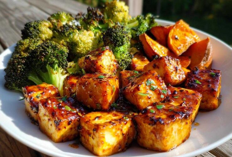 Close-up of crispy Sheet Pan Crispy Honey Mustard Tofu cubes served with roasted broccoli and sweet potatoes.