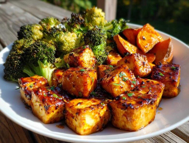 Close-up of crispy Sheet Pan Crispy Honey Mustard Tofu cubes served with roasted broccoli and sweet potatoes.