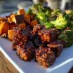 Close-up of glossy, glazed Sheet Pan Crispy Honey Mustard Tofu served with roasted broccoli and sweet potatoes.