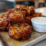 A pile of golden brown Sheet Pan Crispy Smashed Potatoes served with a small white bowl of creamy garlic aioli.