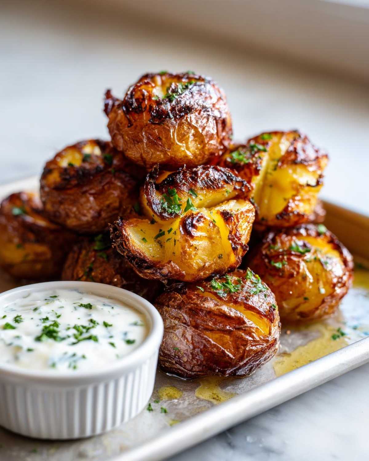 A pile of golden brown Sheet Pan Crispy Smashed Potatoes garnished with parsley, next to a small bowl of garlic aioli.