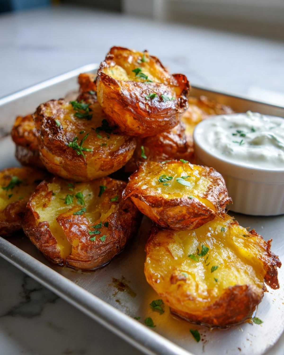 Close-up of golden brown Sheet Pan Crispy Smashed Potatoes garnished with parsley, next to a small bowl of garlic aioli.