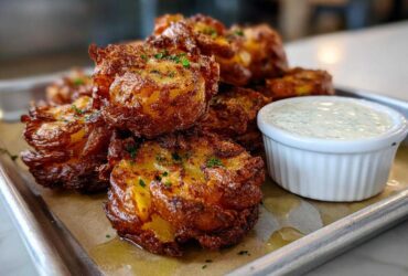 A pile of golden brown Sheet Pan Crispy Smashed Potatoes served with a small white bowl of creamy garlic aioli.