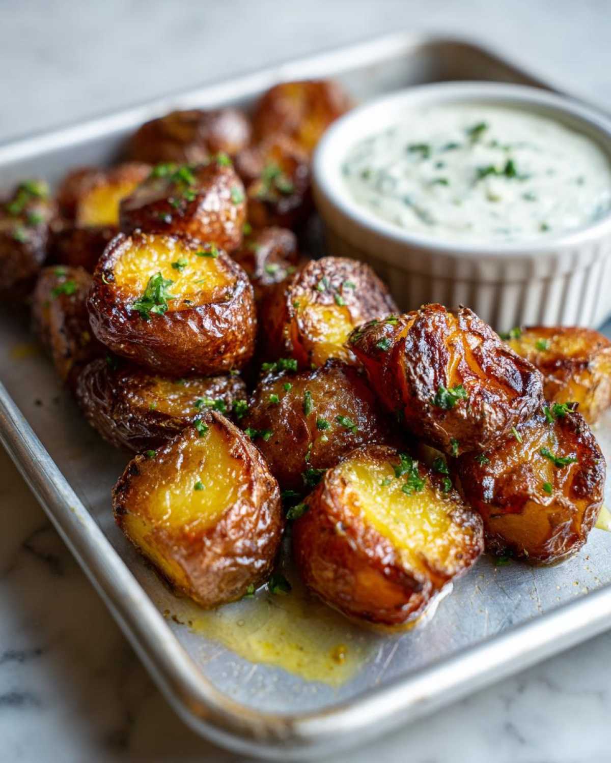 Close-up of Sheet Pan Crispy Smashed Potatoes, golden brown and glistening, served with a side of garlic aioli.